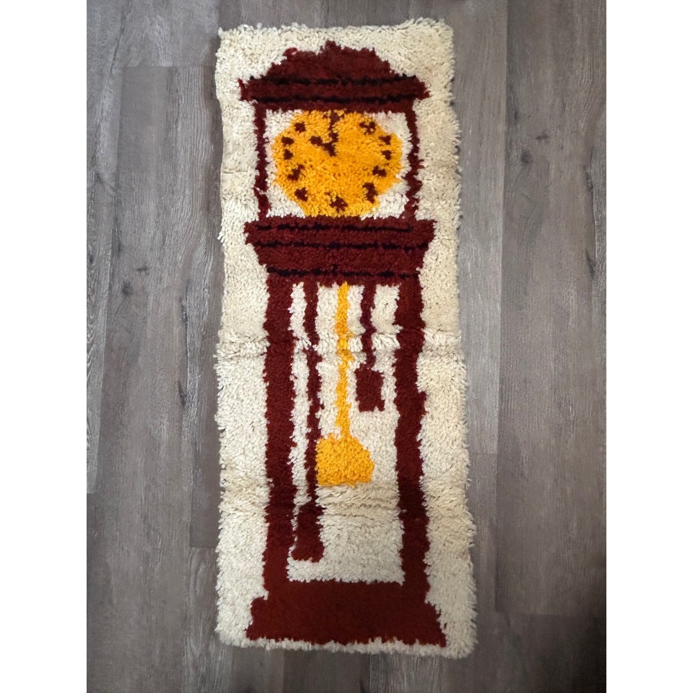 Vintage Contessa Grandfather Clock Latch Hook Rug Wall Hanging 14x36 70s Kitsch